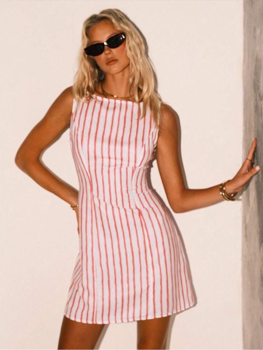 Sleeveless White and Red Striped Mini Dress